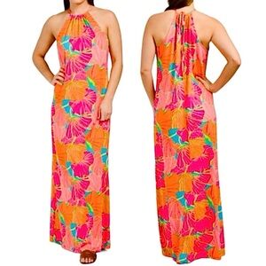 Tropical Halter Maxi Dress - Pink & Orange